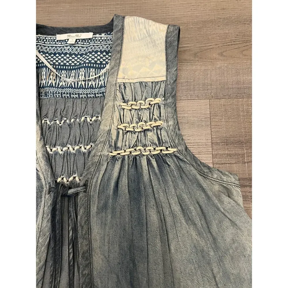 Vtg Indie Hippie Chambray Tie Vest Aztec Print